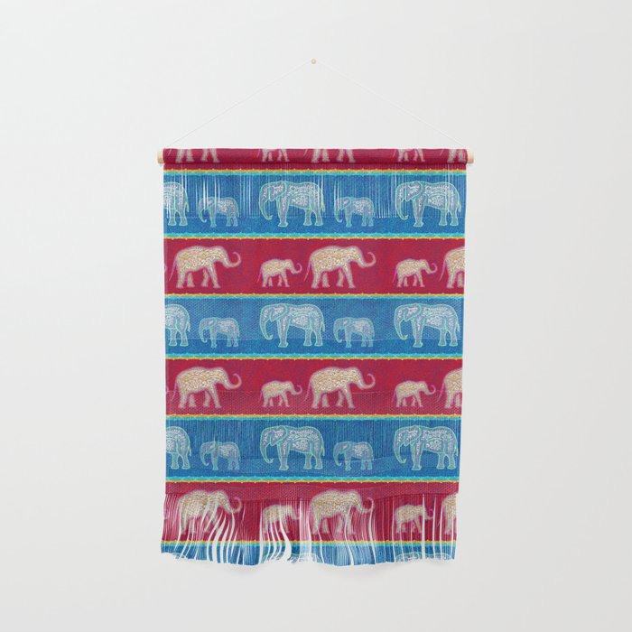 Bright Velvet Elephants on Red and Blue Stripes Wall Hanging