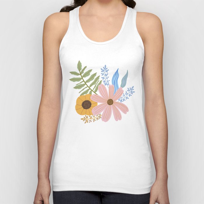 Soft Pink and Buttermilk Yellow Floral Pattern Navy Blue Background Tank Top