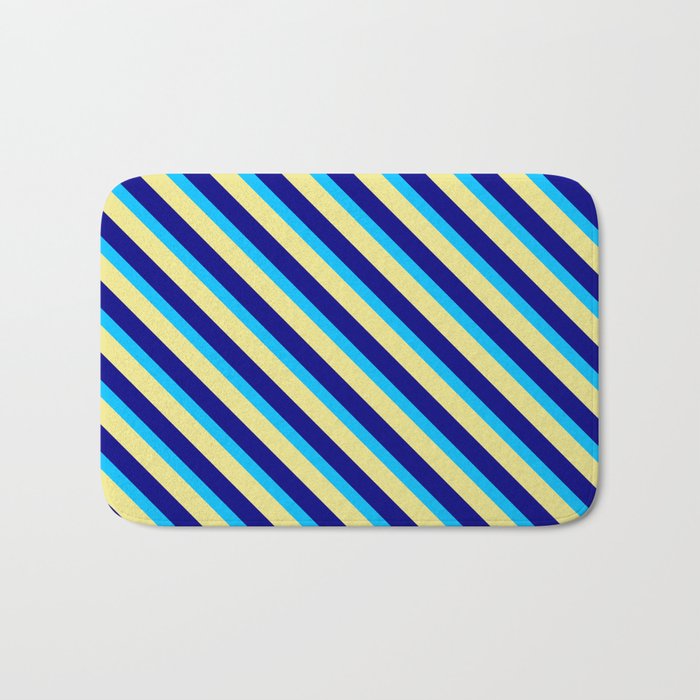 Deep Sky Blue, Tan & Blue Colored Stripes Pattern Bath Mat
