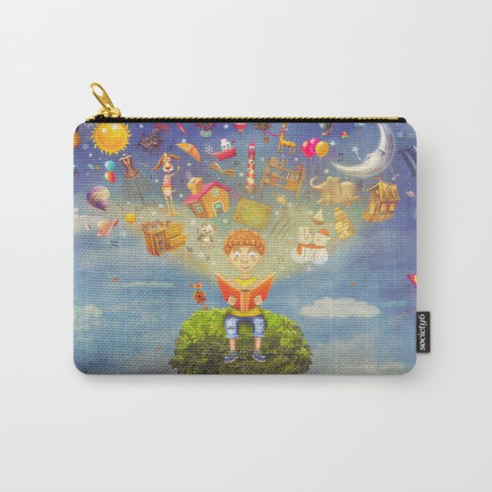 Little boy sitting on the tree and reading a book, objects flying out Carry-All Pouch