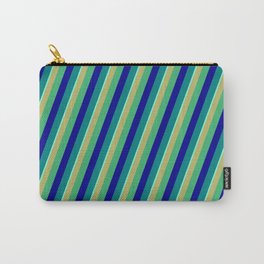 [ Thumbnail: Vibrant Dark Khaki, Sea Green, Dark Blue, Teal & Aquamarine Colored Striped Pattern Carry-All Pouch ]