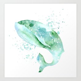 watercolor right whale baleen bowhead green splatter paint abstract galaxy animal mammal ocean Art Print