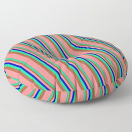 [ Thumbnail: Blue, Green, Sienna & Light Coral Colored Striped/Lined Pattern Floor Pillow ]