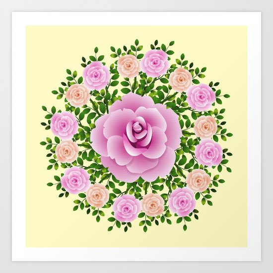 Pink Roses On Yellow Design Art Print