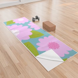Cheerful Retro Modern Pink Flowers On Bright Turquoise Yoga Towel