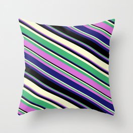 [ Thumbnail: Sea Green, Orchid, Midnight Blue, Black, and Light Yellow Colored Lines/Stripes Pattern Throw Pillow ]