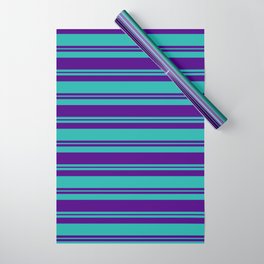 [ Thumbnail: Light Sea Green & Indigo Colored Stripes Pattern Wrapping Paper ]