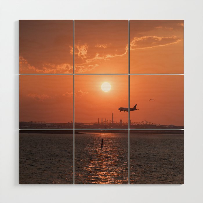 Coming in for a landing Logan Airport from Winthrop Massachusetts Wood Wall Art