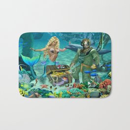 The Mermaid and the Deep Sea Diver Bath Mat | Sharks, Dolphin, Colorful, Mermaid, Coralreef, Beautiful, Painting 