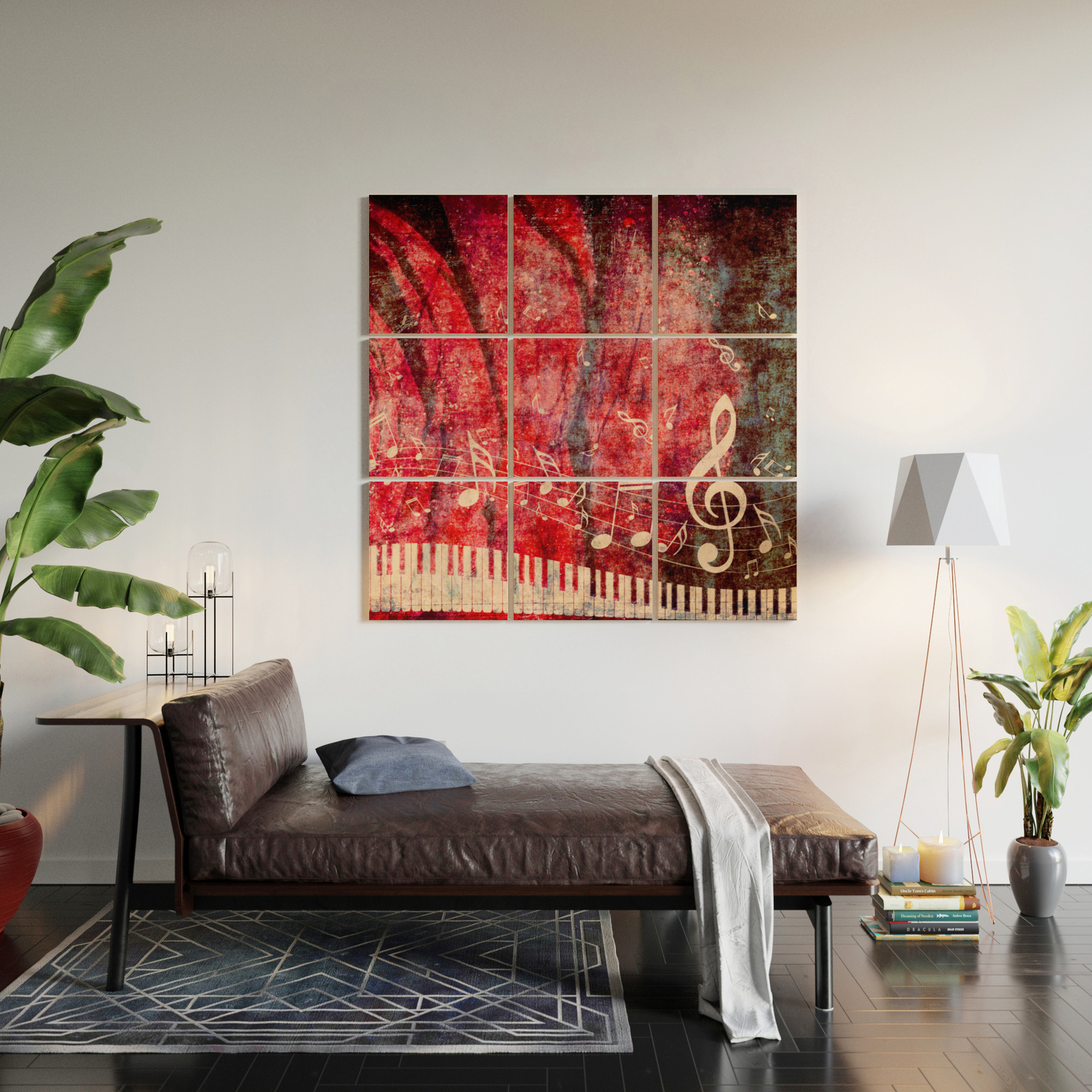 Piano Keyboard With Red Rose And Musical Notes Wood Wall Art By Annartshock