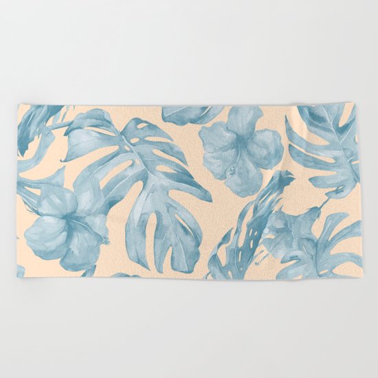 Tropical Leaves Sky Blue on Mango Coral Beach Towel