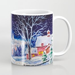 Snowy winter landscape. Country House. Christmas holidays. Forest with pine trees. Watercolor painting.  Coffee Mug