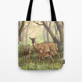 Whitetail Deer Doe and Cute Twin Fawns Tote Bag