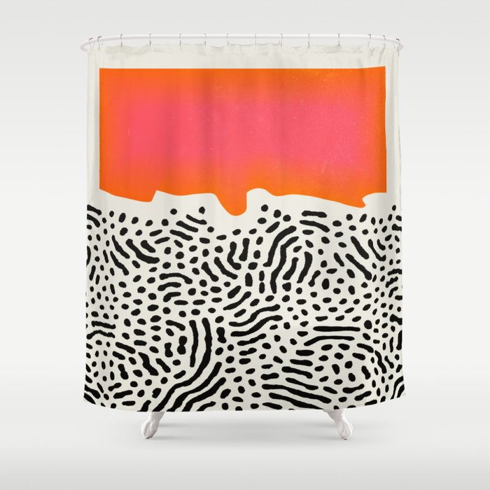 Sunset & Spots: Mid Century Abstraction Shower Curtain by ayeyokp