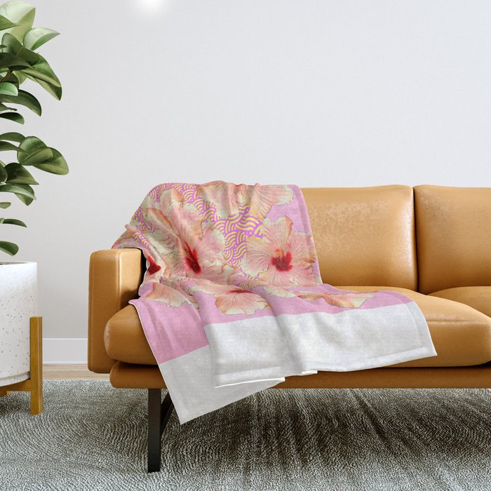 Pale Pink-Yellow Ruffled Peach Hibiscus Floral Asian Pattern Throw Blanket