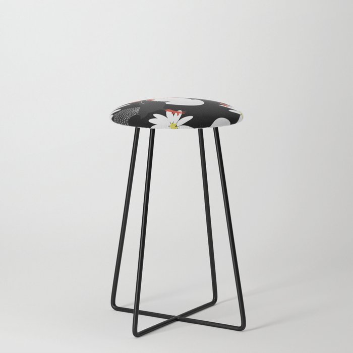Black Roosters And White Flowers Retro Mood #decor #society6 #buyart Counter Stool