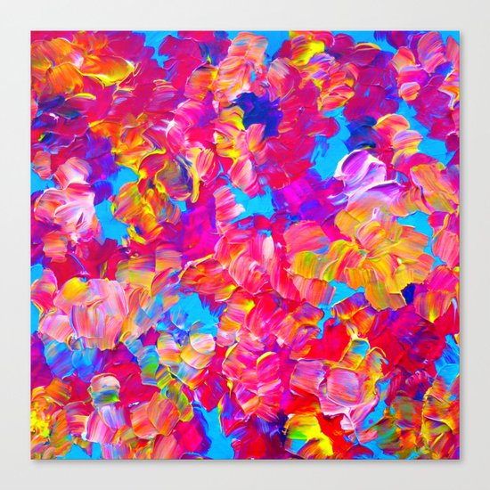 FLORAL FANTASY Bold Abstract Flowers Acrylic Textural Painting Neon Pink Turquoise Feminine Art Canvas Print