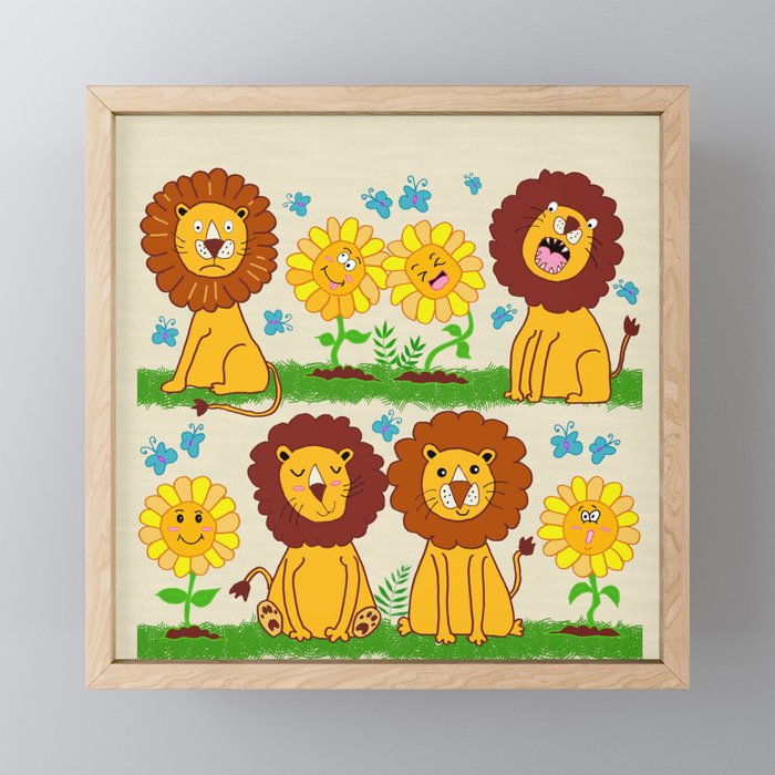 Cute Lions & Sunflowers Funny Faces  Framed Mini Art Print