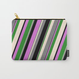 [ Thumbnail: Vibrant Beige, Gray, Black, Orchid & Forest Green Colored Stripes Pattern Carry-All Pouch ]