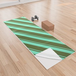 [ Thumbnail: Dark Olive Green and Aquamarine Colored Lined Pattern Yoga Towel ]