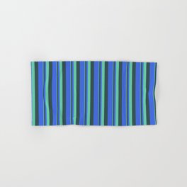 [ Thumbnail: Aquamarine, Dark Slate Gray, and Royal Blue Colored Lines/Stripes Pattern Hand & Bath Towel ]