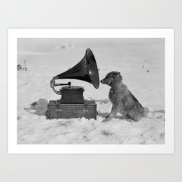 Chris the Dog and the Gramophone, Anarctic snow-covered polar black and white photography / photographs by Herbert Ponting Art Print
