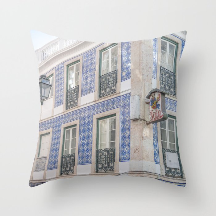 Blue azulejos on a corner building in Alfama, Lisbon, Portugal - street and travel photography Throw Pillow