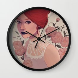 Depression Wall Clock | Moon, Painting, Pink, Digital, Peonies, Illustration, Blue, Red, Flowers, Sky 