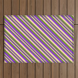 [ Thumbnail: Purple, Tan, and Green Colored Lines Pattern Outdoor Rug ]
