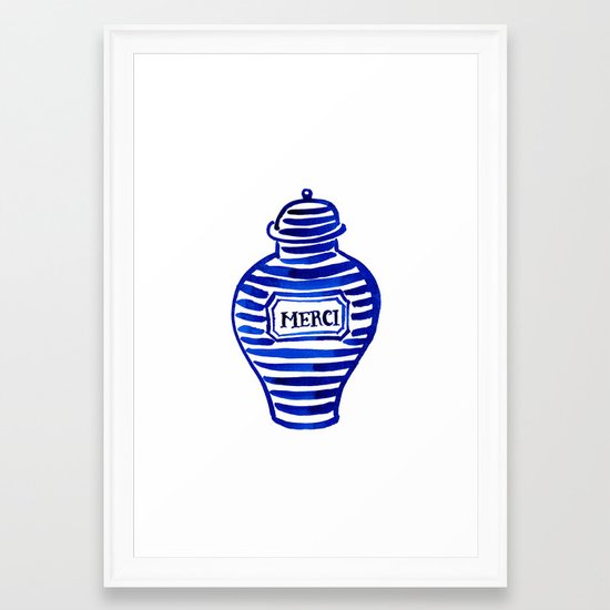 Merci Ceramic Jar Painting Blue And White Art Watercolor Framed