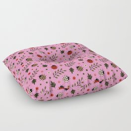 Ladybug and Floral Seamless Pattern on Pink Background Floor Pillow