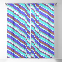 [ Thumbnail: Mint Cream, Blue, Dark Red, and Aqua Colored Lined Pattern Sheer Curtain ]