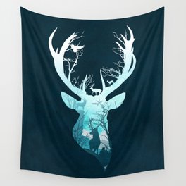Deer Blue Winter Wall Tapestry | Woods, Forest, Nature, Scenic, Designstudio, Graphicdesign, Reindeers, Trees, Illustration, Silhouette 