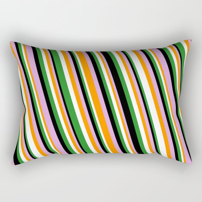 Eye-catching Forest Green, Black, Plum, Dark Orange, and White Colored Striped Pattern Rectangular Pillow