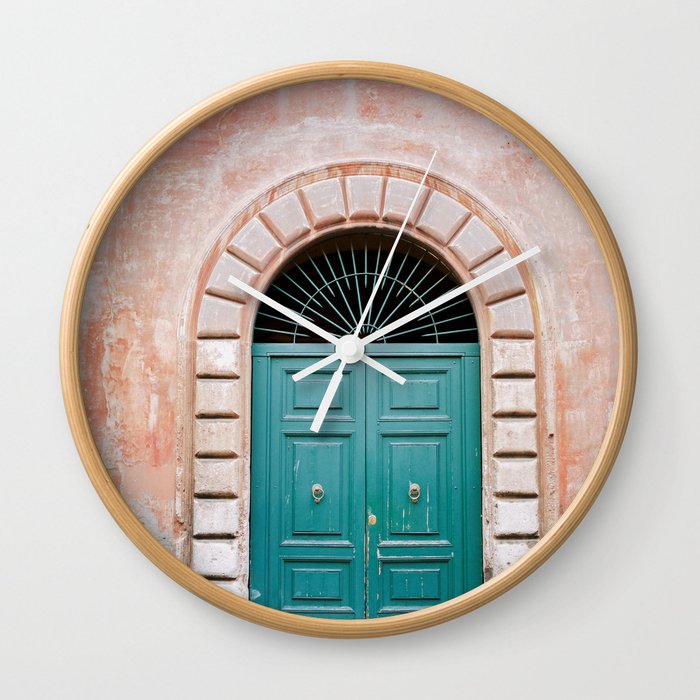 Turquoise Green door in Trastevere, Rome. Travel print Italy - film photography wall art colourful. Wall Clock