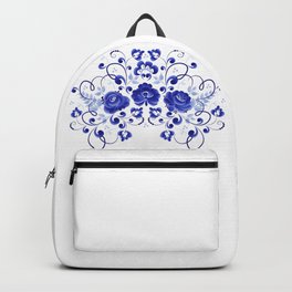 Three blue roses Backpack | Folk, Floral, Beautiful, Plant, Bouquet, Gzhel, Pattern, Leaf, Roses, Blue 