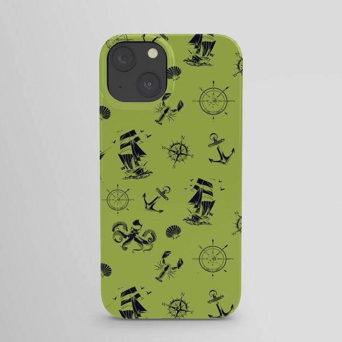 Light Green And Blue Silhouettes Of Vintage Nautical Pattern iPhone Case
