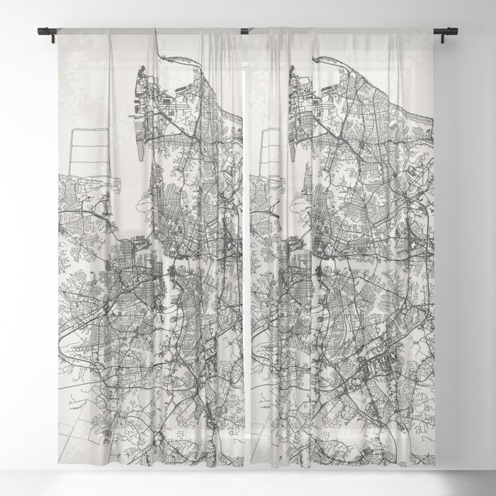 Norfolk - USA. Black and White City Map Sheer Curtain