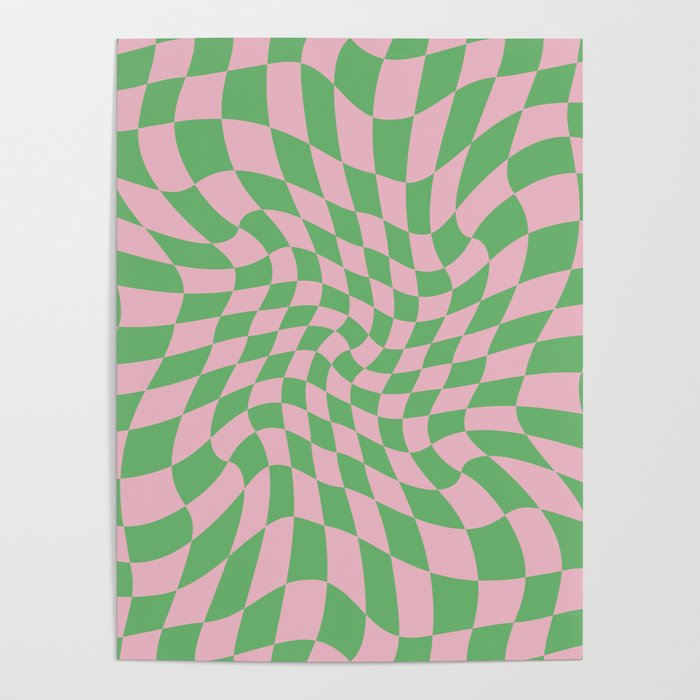 Green & Pink Warped Checkerboard Poster