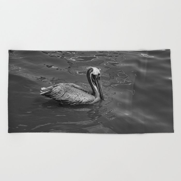 Brown Pelican B & W 0581 - Cedar Key, Florida Beach Towel