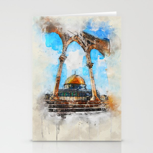 painting. Watercolor Al-Aqsa Mosque Dome of the Rock in the Old City - Jerusalem, Israel Stationery Cards