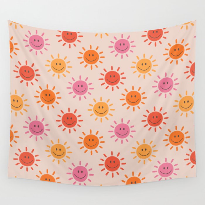 Happy Sun Pattern Cute Sunshine Blush Pink Colorful Wall
