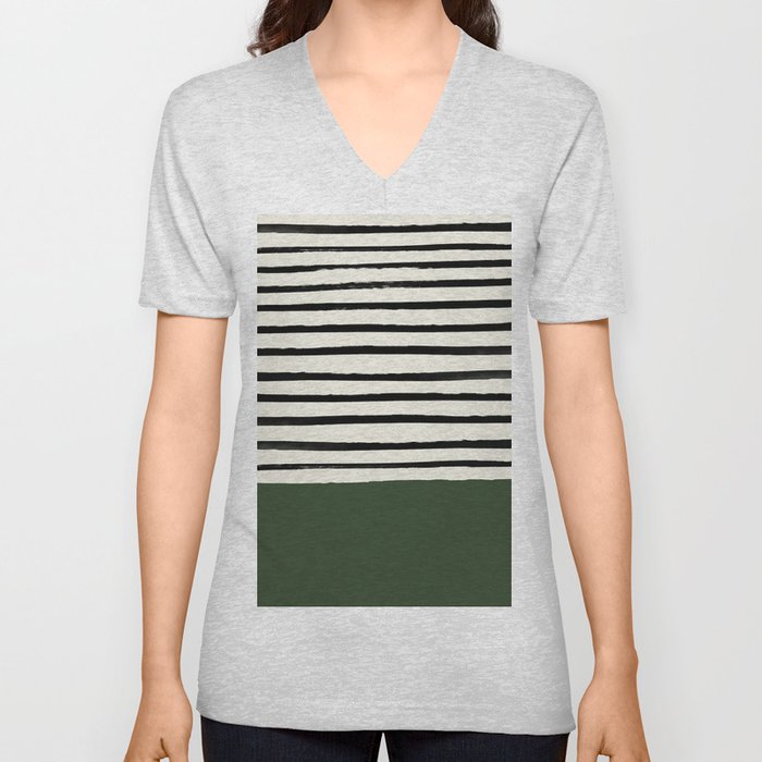 Forest Green x Stripes V Neck T Shirt