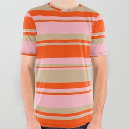 [ Thumbnail: Red, Light Pink, and Tan Colored Lined/Striped Pattern All Over Graphic Tee ]