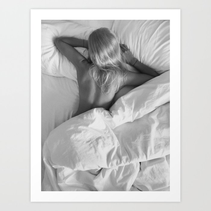 Elegant sleeping blond nude in bed female black and white art photograph - photography - photographs Art Print