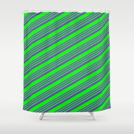 [ Thumbnail: Purple & Lime Colored Pattern of Stripes Shower Curtain ]