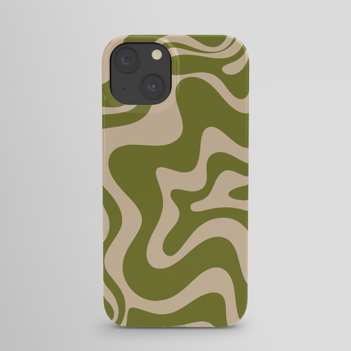 Retro Liquid Swirl Abstract Pattern in Mid Mod Olive Green and Beige iPhone Case