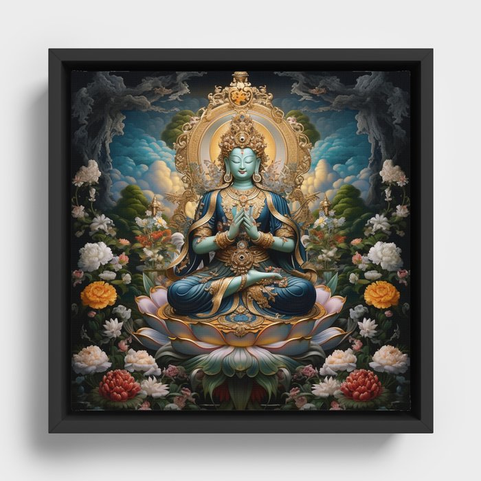 Blue Avalokiteshvara in Floral Garden Atop Lotus Flower Framed Canvas