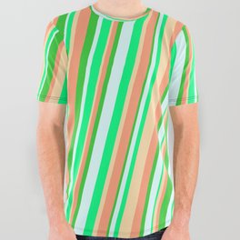[ Thumbnail: Vibrant Light Cyan, Green, Tan, Light Salmon & Lime Green Colored Striped Pattern All Over Graphic Tee ]