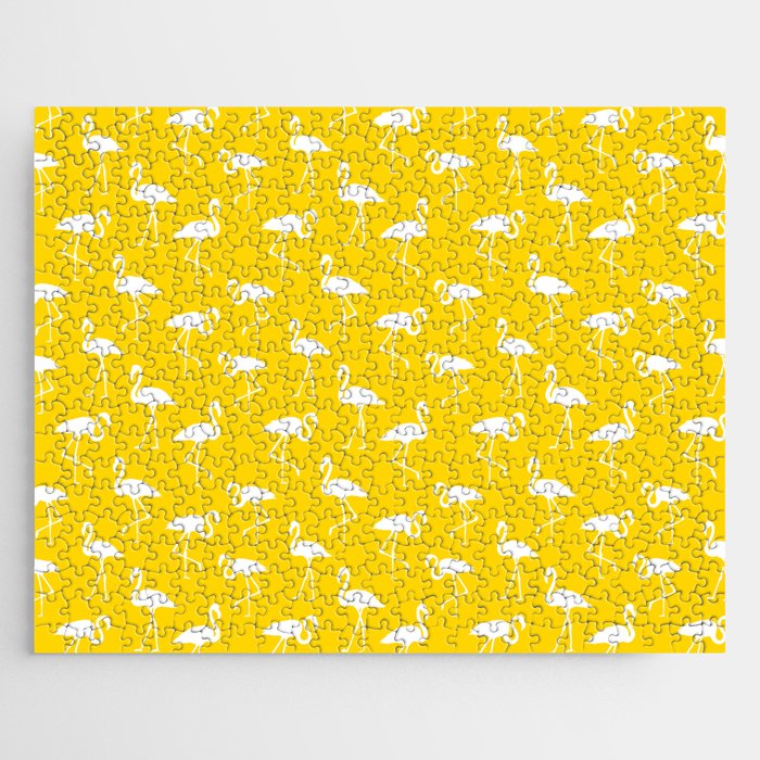 White flamingo silhouettes seamless pattern on yellow background Jigsaw Puzzle
